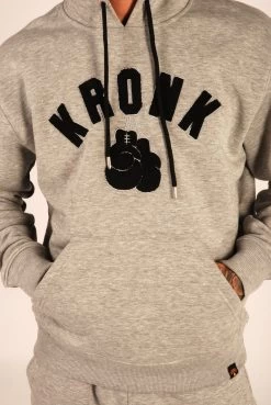 KRONK One Colour Gloves Towelling Applique Hoodie Regular Fit Sports Grey