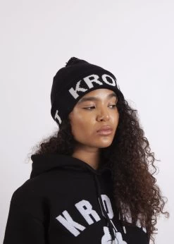 KRONK Detroit Bobble Hat Black With White Knitted Logo