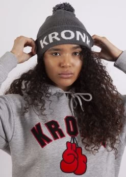 KRONK Detroit Bobble Hat Charcoal With White Knitted Logo